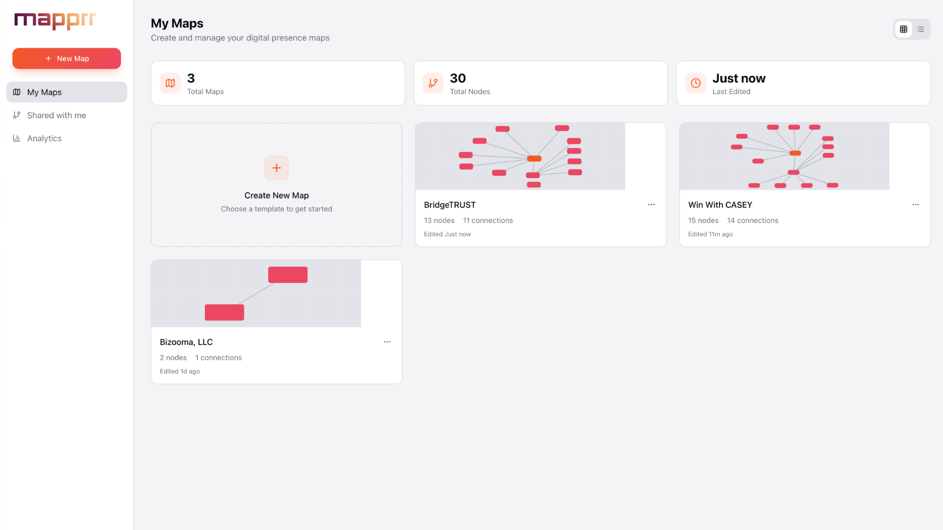 Dashboard showing My Maps with map thumbnails, statistics, and management options